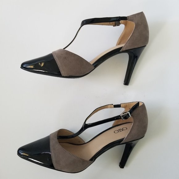 Cato Vintage Gray Taupe and Black Suede and Patent Leather T-Strap size 8 - Picture 3 of 9